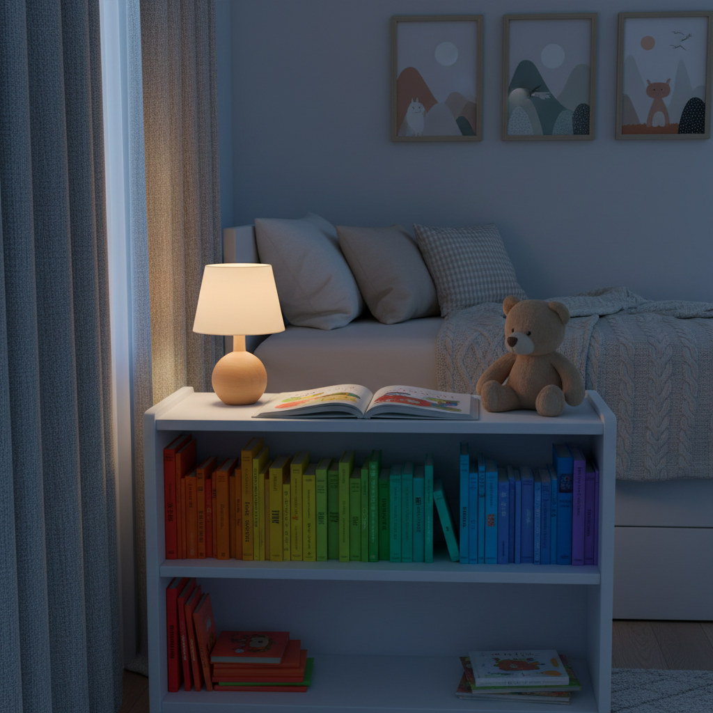 A low bookshelf in a child’s bedroom, neatly arranged with a mix of cloth, board, and picture books sorted by colour, creating a subtle rainbow effect. On top of the shelf, a small wooden lamp with a fabric shade casts a warm pool of light over a single open bedtime storybook and a soft, well-worn plush toy resting beside it. The rest of the room is dim but visible, with a simple bed, a cozy knit blanket, and a few framed, wordless art prints on the wall. Captured in photographic realism from an eye-level perspective, the warm lamplight contrasts with the faint coolness of evening light seeping through closed curtains, creating a serene, reassuring mood that suggests gentle bedtime reading rituals supporting early literacy.