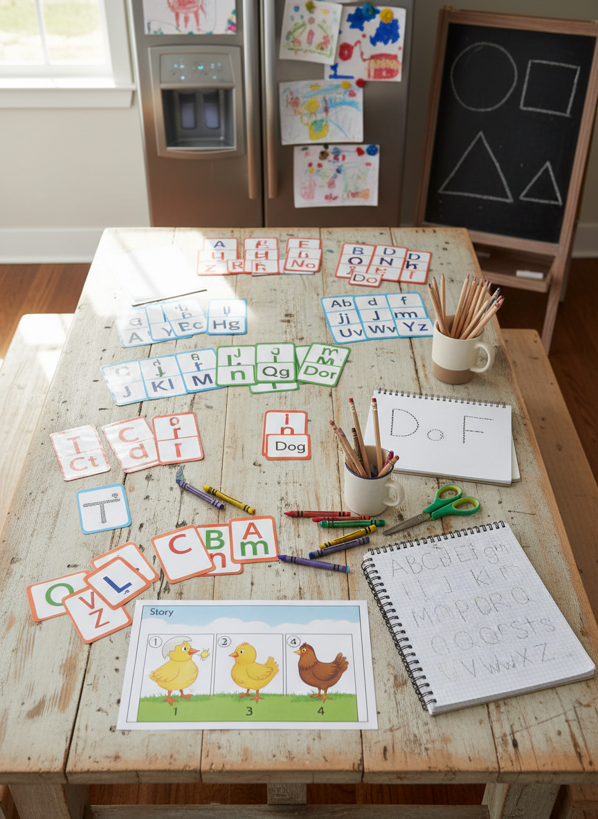 A sturdy farmhouse-style kitchen table transformed into a playful literacy station, its wooden surface covered with laminated alphabet cards, a printed story sequence laid in order, and a spiral notebook open to a page with large, carefully printed letters. Crayons, child-safe scissors, and a small cup of sharpened pencils add colour and texture. In the background, a fridge adorned with children’s artwork and a chalkboard with simple shapes suggest a busy family home. Late-morning natural light streams through a nearby window, illuminating the paper textures and creating a gentle glow across the tabletop. Shot in photographic realism from an overhead, bird’s-eye view, with sharp focus throughout, the atmosphere feels organised, practical, and encouraging, perfectly suited to a teacher-mum’s step-by-step literacy advice.