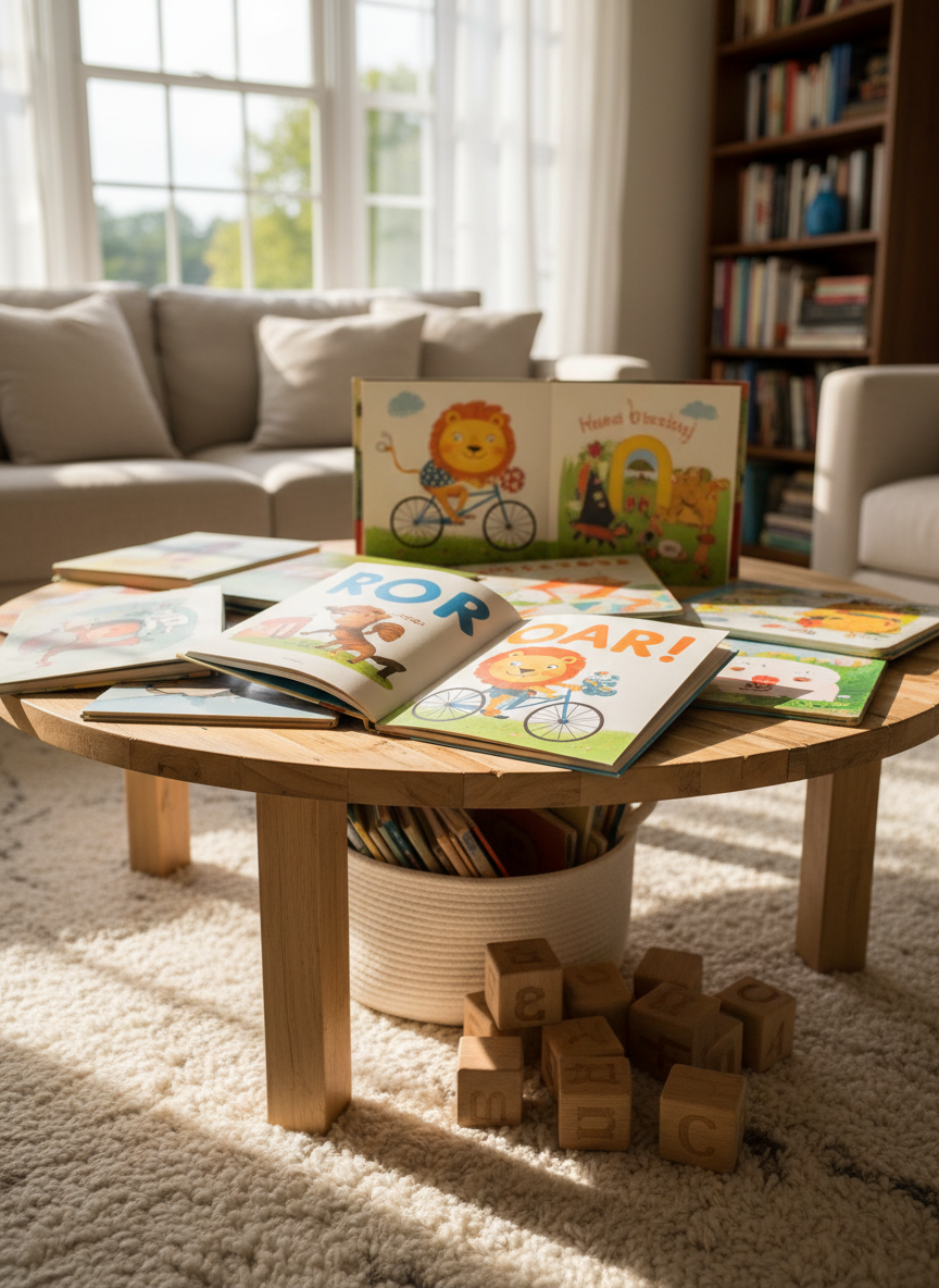 A small, low wooden table scattered with open picture books, each page filled with large, colorful illustrations and oversized, friendly letters. Beside the books lie chunky wooden alphabet blocks and a soft woven basket brimming with well-loved board books, their edges slightly frayed. The scene is set on a plush, neutral rug in front of a large living-room window, with soft afternoon natural light spilling in and casting gentle shadows. Photographic realism at eye-level, using a shallow depth of field so the nearest open book is in crisp focus while the cozy background of cushions and shelves of more books fades softly, creating a calm, inviting atmosphere that suggests quiet, shared reading time.