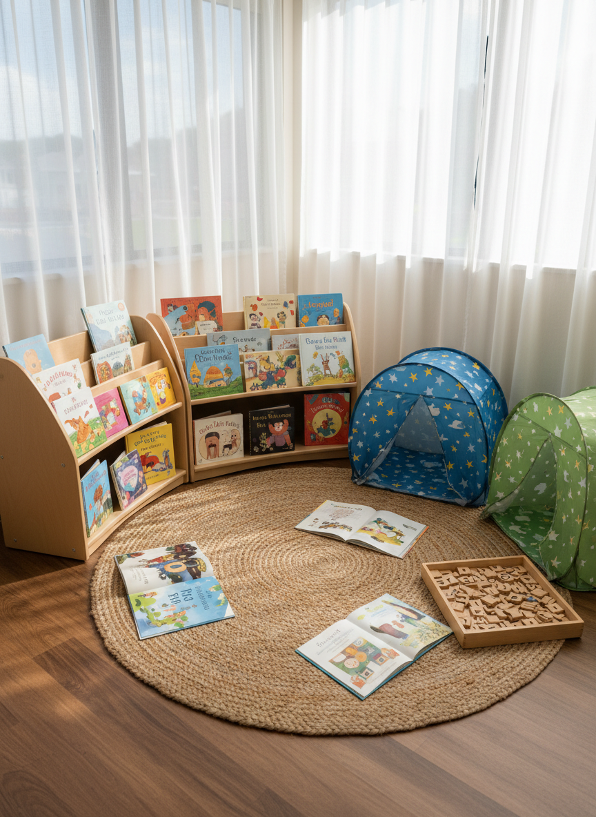 A sunlit corner of a primary classroom featuring a low, curved bookshelf filled with picture books facing outward, their illustrated covers bright and varied. In front of the shelf, a round jute rug anchors the space, scattered with a few open books, a pair of small fabric reading tents, and a wooden tray holding smooth letter tiles. Large windows along one wall let in abundant natural daylight, filtered through sheer curtains, creating soft highlights on the book covers and gentle shadows on the floor. Captured in photographic realism from a slightly elevated angle, the composition uses rule of thirds, with the reading nook off-center, evoking a warm, organised, professional yet nurturing learning environment focused on early literacy.