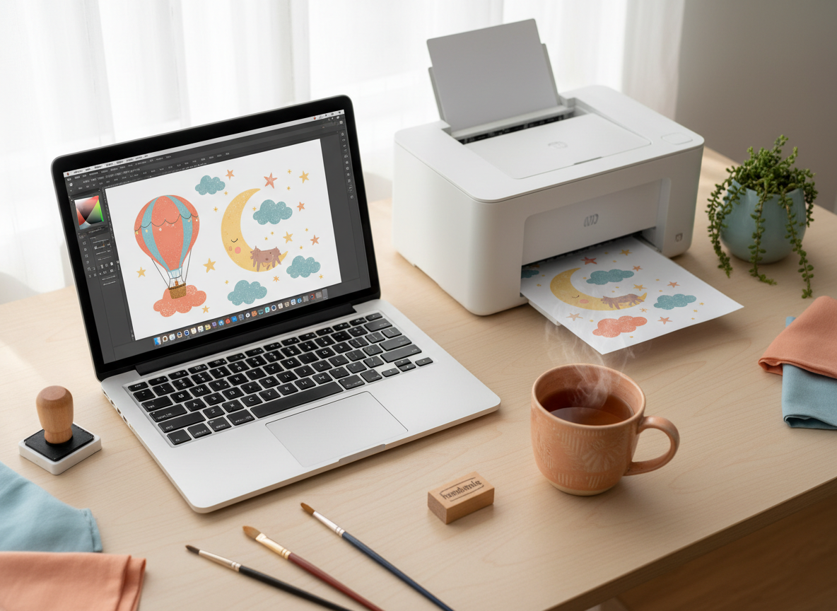 A laptop beside a home printer on a cream desk printing a colorful sheet of nursery wall art, with a cup of tea and a small potted plant.