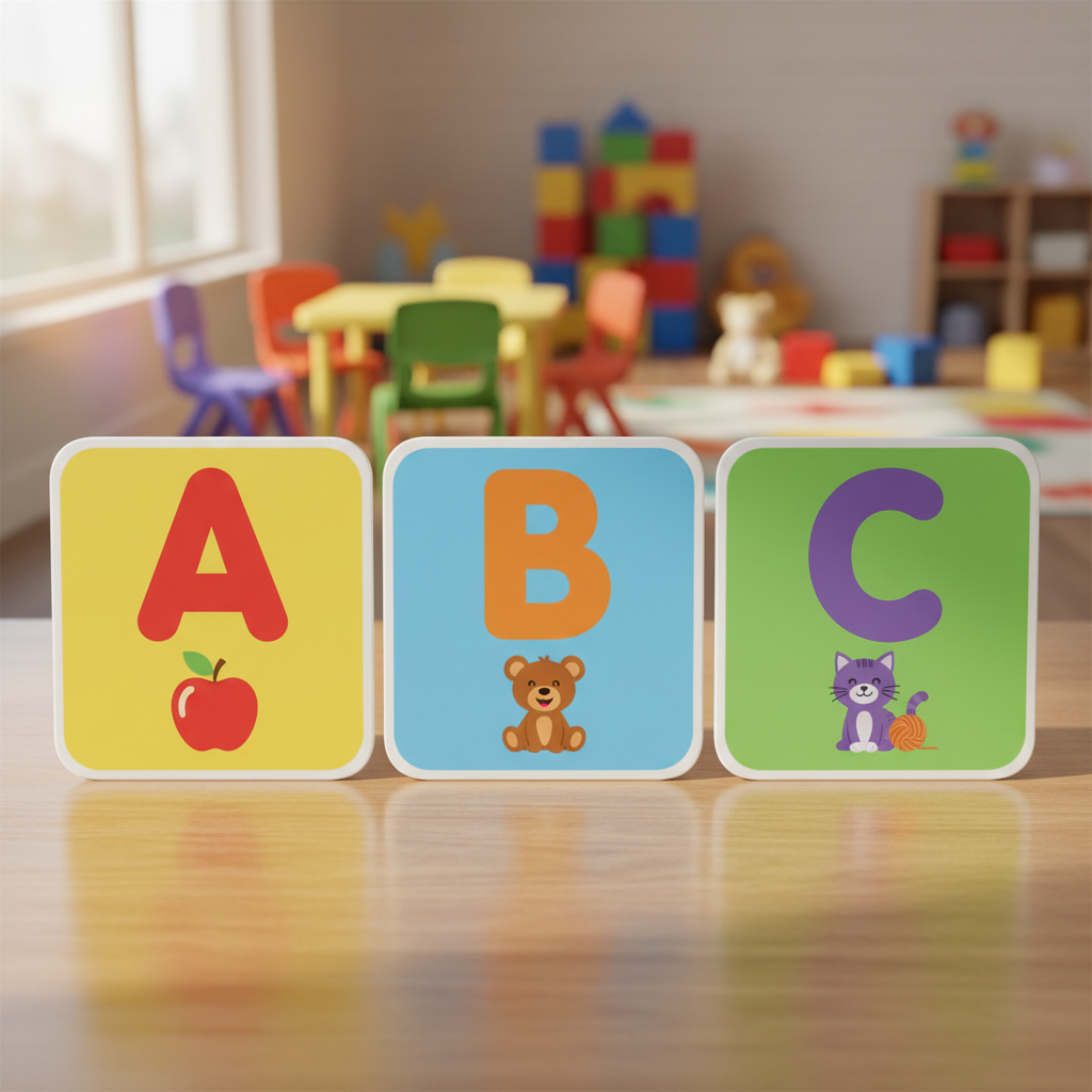 Three alphabet flashcards showing only the letters A, B, and C in order, laid flat on a wooden table in a bright kindergarten classroom. The cards are large, colourful, and child-friendly with big bold uppercase letters clearly printed. Small chairs and soft classroom details visible in the background. Warm natural light, overhead view, photographic realism.