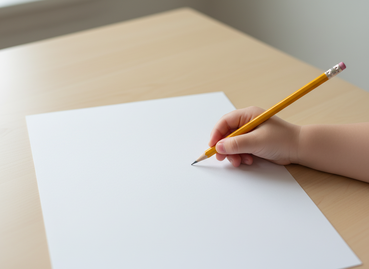 A clean, simple image of a young child's hand holding a pencil over a blank white sheet of paper, viewed from above. The paper is completely blank and white. Soft, natural lighting. Minimal and clean composition.