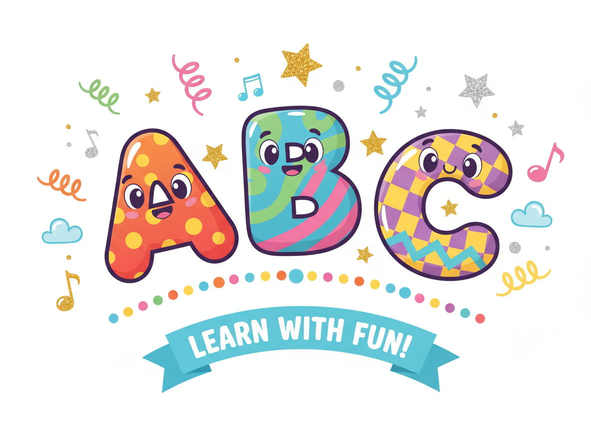 A fun, colorful illustration of letters A, B, C in a playful children's style. Bold, bright cartoon-style letters with cheerful colors, stars, and decorative elements around them. Clean white background. Kid-friendly and educational feel.