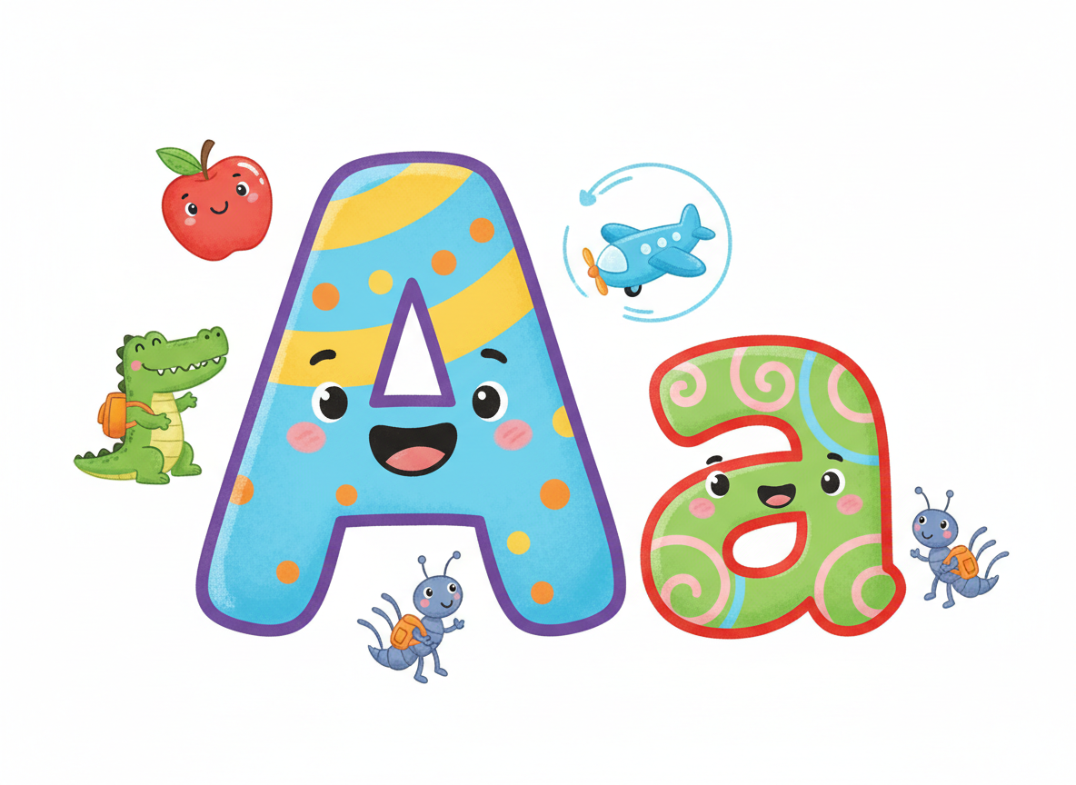 A fun, colorful illustration of capital letter A and lowercase letter a side by side, playful children's style