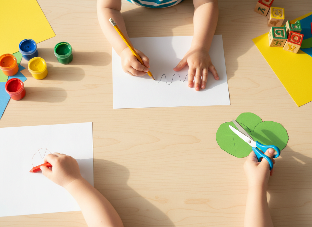 A top-down flat lay scene on a preschool table. Multiple toddler hands visible — one hand holding a bright crayon, another hand holding a pencil, another hand holding a pair of child-safe scissors. Simple clean table surface. Warm, bright, natural lighting. No faces visible, just small chubby toddler hands. Cheerful and inviting early childhood learning atmosphere.